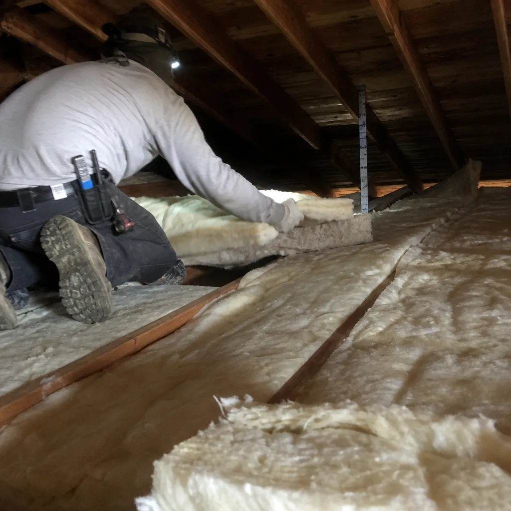 Professional insulation contractor installing fiberglass batt insulation in an attic